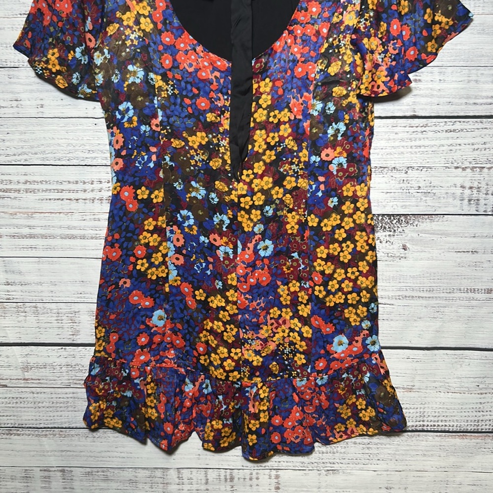 Anthropologie Ruffled Satin Mini Dress Floral Open Low Back Bow 12P - Picture 13 of 16